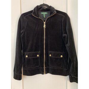 Ralph Lauren Jacket Women’s Small Track Velour Black Gold Zipper Vintage